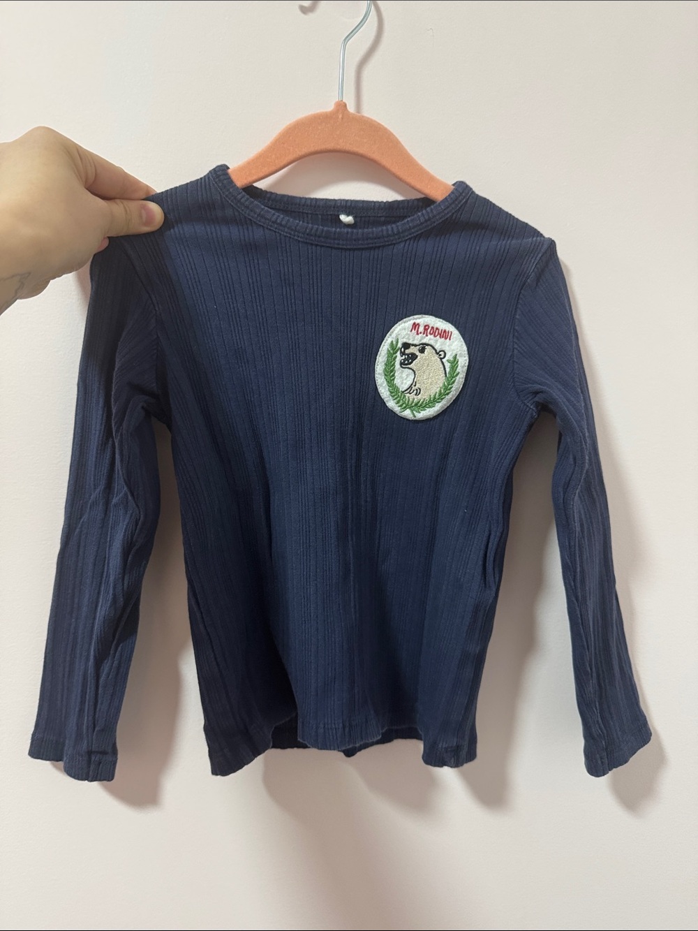 Mini Rodini Navy Ribbed Long Sleeve Top with Animal Patch